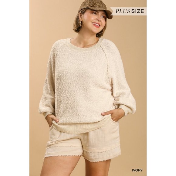 Umgee Sweaters Umgee Plus Ivory Puff Long Sleeve Boat Neck Bottom